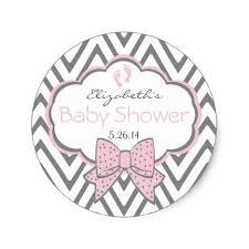 Pink With Grey Chevron Baby Shower Classic Round Sticker Zazzle Com Baby Shower Chevron Chevron Baby Baby Shower Stickers
