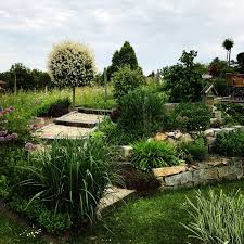 Gartenwege Und Hanggarten Mit Stauden Grasern Buchse Rabatten Garten Garten Ideen Stauden