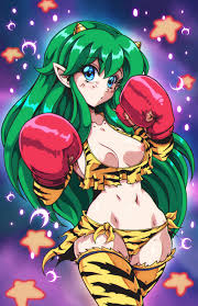 Rule 34 - 1girls 😮 Blue Eyes Boxing Gloves Breasts Elf Ears Female Green  Hair Hands Up Long Ears Midriff Red Boxing Gloves Tattered Clothing Tiger  Print Urusei Yatsura | 9237885