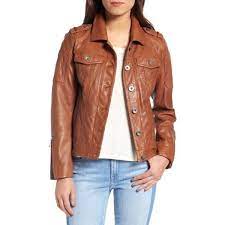 Women S Bcbgeneration Leather Trucker Jacket 260 Liked On Polyvore Featuring Outerwear Jackets Cognac Br Jackets Trucker Jacket Women S Coats Jackets