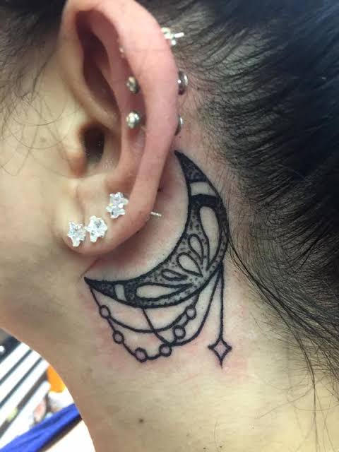 Crescent moon tattoo that looks like an earring. Behind the ear tattoo # tattoo #tattoos #ink #moon