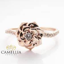 Camellia Flower Ring 14k Rose Gold Diamond Ring Rose Gold Engagement Ring Diamond Ring Rose Engagement Ring Rose Gold Diamonds Rose Gold Diamond Ring