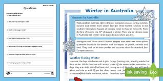 Many sites near the west coast,especially around perth had their highest winter temperature on record on the 27th or extremes in winter 2019. Winter In Australia Differentiated Comprehension Activity 3 6