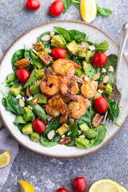 This prawn﻿ salad is one of our favourite things to throw together. Spinach Avocado Shrimp Salad Keto Low Carb Paleo Whole 30