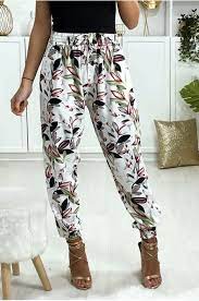 Votre boutique grande taille en ligne Pantalon Blanc Motif Fleuris Elastique Aux Chevilles Avec Poches