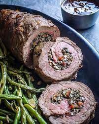 Mushroom-Stuffed Beef Roulade With Garlicky Green Beans