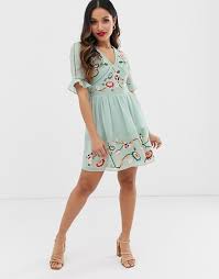 Great savings free delivery / collection on many items. Asos Design Petite Embroidered Mini Dress With Lace Trims In Sage Green Asos