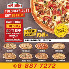 Papa Johns Half Price Tuesday Gives You As Much As 50 Off On 14 Party Sized Pizzas Papa Johns Classic Pizza Chicken Bacon