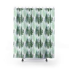 Woodland Forest Shower Curtain Green And White Fall Winter Trees Forest Camping Winter Shower Curtains Winter Trees