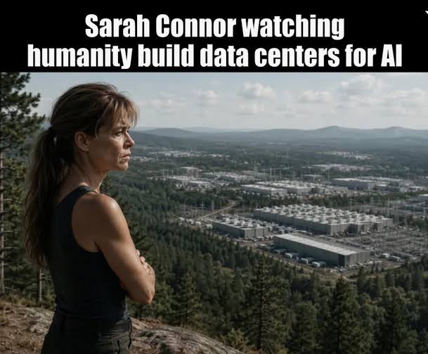 Sarah Connor watching humanity build data centers for AI