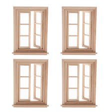 4pcs Miniature Windows Wooden Unpainted Dollhouse Diy