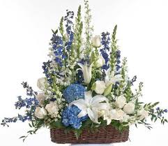 Blue And White Floor Basket Sympathy Flowers Blue White Color Of The Year