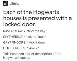 Just answer a few questions, and you will get the house that matches your personality. Every Hogwarts House Presented With A Locked Door Harrypotter