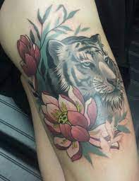 White Tiger And Lotus Flower Tattoo Ankel Tattoo Ankle Tattoo Designs Tiger And Flower Tattoo