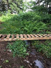 Diy Footbridge Out Of A Large Pallet Really One Large Step Gets You Over Our Tiny Creek But This Is More Fun So Acreage Landscaping Diy Creek Garden Bridge