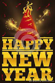 Poster With Festive Red Hat Confetti And Fireworks Display Over Golden Text With Greetings For New Year Celebra Fireworks Display Fireworks New Year Greetings