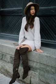 This style runs true to size; Coach Lucia Boot Chestnut Dark Brown Suede Over The Knee Boots Fashion Outfit Style Sweater Dress Trend Report Hat Camel Neautrals Girl Blogger Outfit Streetstyle Kayla Seah Not Your Standard Not