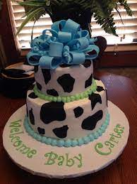 Cow Print 2 Tier Baby Shower Cake With Fondant Loop Bow Baby Shower Cakes For Boys Shower Cakes Farm Baby Shower
