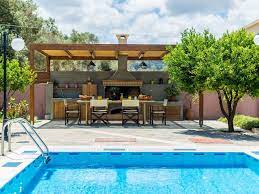 Bbq Area Next To The Pool Pool Entertainment Area Backyard Pool Designs Outdoor Pool House