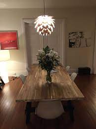 Skogsta Ikea Table With Beige Eames Reproductions Industrial Dining Room Table Industrial Dining Room Furniture Kitchen Table Decor