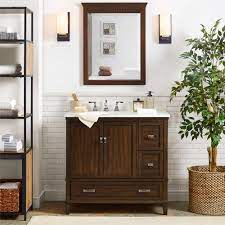 The use of wood cabinets and shelves, and even the uniquely curved counter create. Dorel Living Otum 36 Inch Bathroom Vanity With Sink Dark Walnut Wood Walmart Com Walmart Com