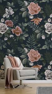 Dark Green And Pink Floral Wall Mural Green Floral Wallpaper Wallpaper Living Room Mural Wallpaper