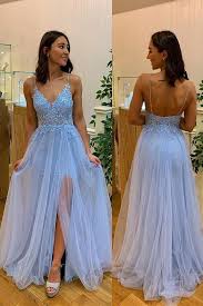 2 Piece Prom Dresses For Black Girls A Line Light Blue Prom Dress Features With V Neckline Spaghetti Straps And Side Slit Br Email B B Br B Fabric Tulle Br B Color