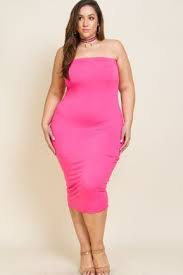 Plus Size Solid Color Tube Top Dress Model Wearing 3x Royal Fuchsia Model Wearing 2x Orange Made In Usa Model Dress Tube Top Dress Tube Dress