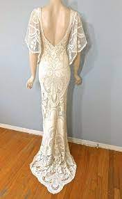 Boho Wedding Dress Vintage Style Crochet Lace Wedding Dress Plunging Back Flutter Sleeve S Vintage Wedding Dress Boho Crochet Wedding Dresses Vintage Style Wedding Dresses