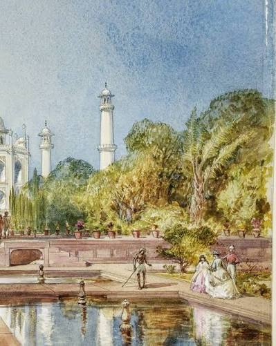Painting of the Taj Mahal from the Garden, Agra by William Simpson, watercolour on paper, India, 1864. Simpson managed to depict this, the most famous of India's monuments, in an appropriately romantic