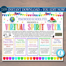 Virtual Spirit Week Itinerary Schedule Kids Fun Schedule Planner Printable Editable Template In 2020 School Spirit Week Spirit Week Virtual School