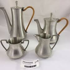 Selangor pewter stein malaya malaysia mug tankard etched palm trees hut tiki. Mid Century Four Piece Selangor Pewter Teas Coffee Set