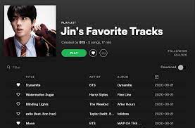 Jin was on melon station bighit record music today, he introduced his playlist with the. Worldwide Seokjinnies On Twitter Jin S Favorite Tracks Playlist On Spotify Has Surpassed 694 926 Likes Https T Co Pwbm58ogcr ë°©íƒ„ì†Œë…„ë‹¨ì§„ Jin Seokjin Bts Twt Https T Co Qtinjvvvgl Twitter