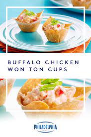 Baked Wonton Wrappers Stuffed With Shredded Buffalo Chicken Philadelphia Cream Cheese And Green Onions This Quick A Appetizer Recipes Recipes Wonton Recipes