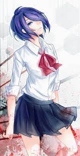 The anime character touka kirishima is a teen with to neck length purple hair and blue eyes. Touka Kirishima Tokyo Ghoul Re Gg Anime Tokyo Ghoul Anime Tokyo Ghoul Tokyo Ghoul Manga