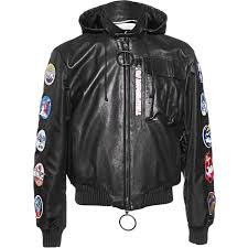 Off White C O Virgil Abloh Leather Patch Black Leather Jacket With 8 420 Sar Liked Custom Leather Jackets Leather Flight Jacket Stand Collar Jackets