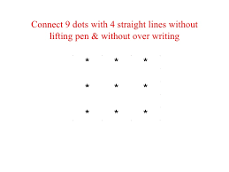 Join the 9 dots with 3 straight lines without lifting th pen. 9 Dots