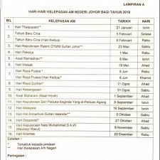 Jadual hari kelepasan am persekutuan & negeri 2016, bahagian kabinet, perlembagaan dan perhubungan antara kerajaan, jabatan perdana menteri. Kalendar Cuti Umum Bagi Negeri Johor 2019