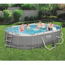 Bestway Bestway Power Steel 16 Ft X 10 Ft Metal Above Ground Swimming Pool Set With Pump 56655e Bw The Home Depot Swimming Pools Above Ground Swimming Pools Oval Pool