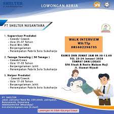 Maybe you would like to learn more about one of these? Lokersolo Pt Shelter Nusantara Lowongan Pekerjaan 1 Supervisor Produksi 2 Tenaga Sewwing 3 Helper Produksi Pt Shelter Jalan Jatiluhur Raya No 205 2060 Jatingaleh Banyumanik Semarang 085602296705 Facebook