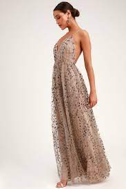 Luminous Night Taupe Glitter Sequin Maxi Dress Bright Maxi Dress Maxi Dress Wedding Guest Beige Bridesmaid Dress
