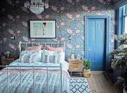 The owner of this room writes, there are a few different looks going on in our bedroom. The Deep Blue Hues Of The Wallpaper In This Master Bedroom Are Calming And Create A Relaxing Atmosphere Decor Home Home Decor