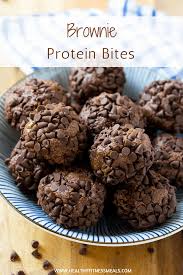 No Bake Brownie Protein Bites Recipe Healthy Protein Snacks Protein Snacks Protein Bites