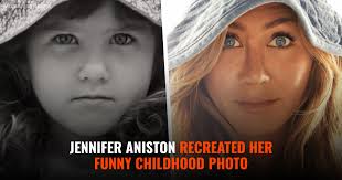 Then VS Now Jennifer Aniston just recreated an adorable childhood photo  from about 50 years ago, complete with a blue bucket hat! 💕👧 In the  original picture, little Aniston is seen with