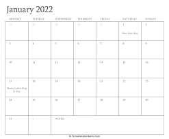 Creating a custom calendar has never been easier with canva's professionally designed templates. January 2022 Calendar Printable With Holidays