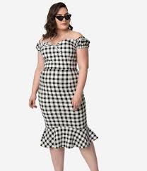 Black And White Gingham Dress Plus Size Collectif Plus Size Black White Gingham Cotton Off The Shoulder Sasha Fishtail Wiggle Dress Cocktail Attire Trendy Plus Size Fashion Dresses