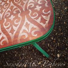 Our lacquer finish with light and dark tones allows for the wood's natural grain to show. Vintage Coffee Table Stenciled Distressed Reality Daydream