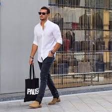 Black And White Long Sleeve Top Mens Men S White Long Sleeve Shirt Charcoal Skinny Jeans Tan Suede Chelsea Boots Black And White Print Canvas Mens Fashion Mens Fashion Suits Mens Winter Fashion