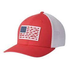 Columbia Pfg Mesh Fish Flag Ball Cap Sunset Red White Hats Columbia Hat Ball Cap Hats
