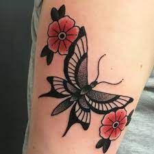 Traditional Butterfly And Rose Tattoo Tattoo Traditionaltattoo Butterflytat Traditional Butterfly Tattoo Butterfly Sleeve Tattoo Traditional Tattoo Flowers